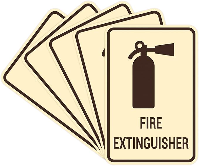 Signs ByLITA Portrait Round Fire Extinguisher Sign with Adhesive Tape, Mounts On Any Flat Surface (Ivory/Dark Brown) - Medium (5 Pack)