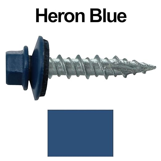 Metal Roofing Screws: (250) 10 x 1 Heron Blue Hex Head Sheet Metal Roof Screw. Self Starting Metal to Wood siding Screws. EPDM Washer. Colored Head