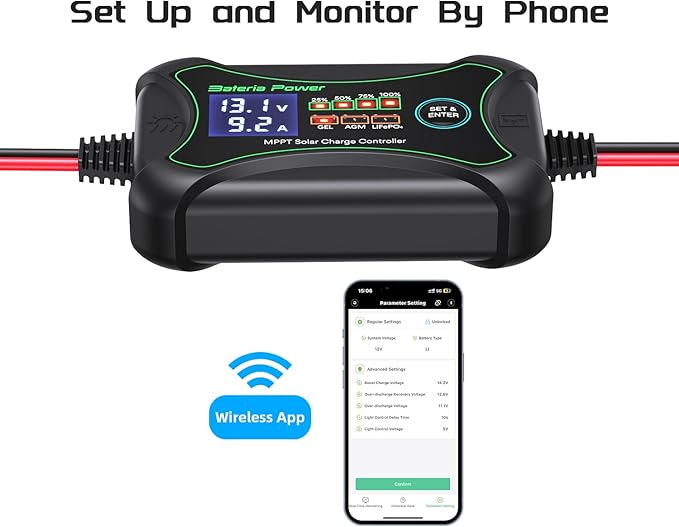 10A MPPT Wireless Solar Charge Controller with BT, Bateria Power 12 Volt Phone APP Intelligent Control Solar Regulator with LCD Display, LED Indicate Light for Gel AGM Lithium LiFePO4(Sunrock 10Pro)