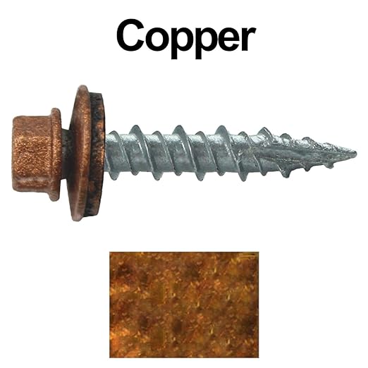 Metal Roofing Screws: (250) 10 x 1 Copper Hex Head Sheet Metal Roof Screw. Self Starting Metal to Wood siding Screws. EPDM Washer. Colored Head
