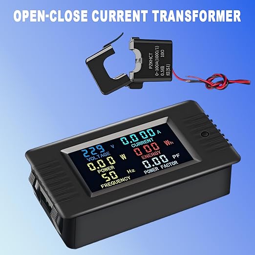 AC Current Voltage Amperage Power Energy Meter AC 80~260V 100A Color LCD Digital Display Ammeter Voltmeter Multimeter with Split Core Current Transformer CT Multi-Function Power Monitor