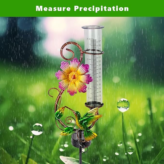 Hummingbird Rain Gauge Outdoor, Solar Rain Gauge, Metal Rain Measure Gauge with 7 Inch Tube, Decorative Color Lights Rainfall Measurement for Yard