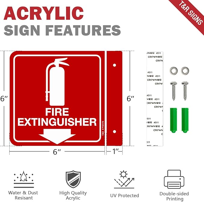 T&R Fire Extinguisher Sign, Fire Extinguisher with Down Arrow - 12 Pack - 6 x 6 Inches Acrylic, 2 pre-drilled holes, Includes Matching Screws, Use for Home Office/Business
