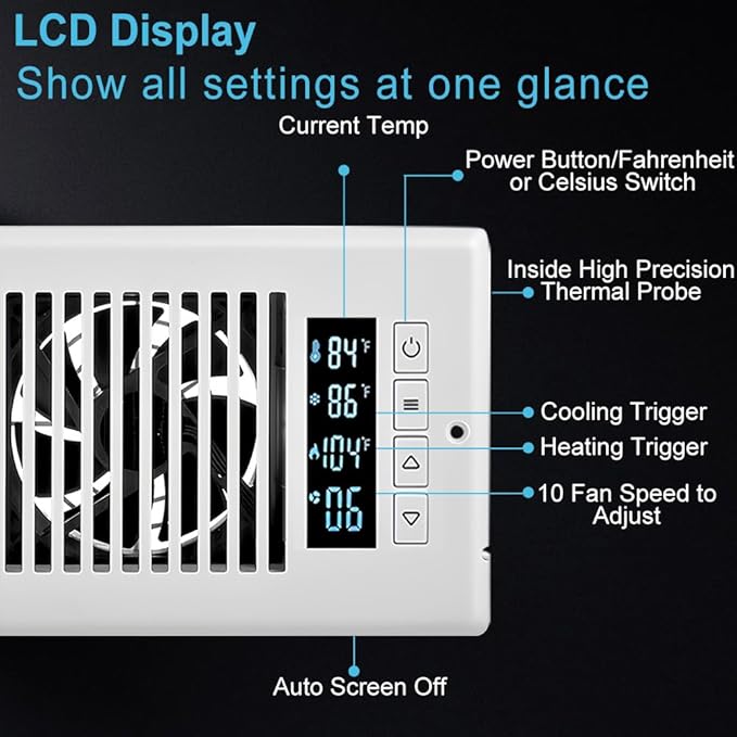 Smart Register Booster Fan 4” x 10” with Thermostat Control Intelligent Heating Cooling Trigger, 10 Fan Speed Adjustable AC Air Vent Fan Booster for Room Wall Floor White