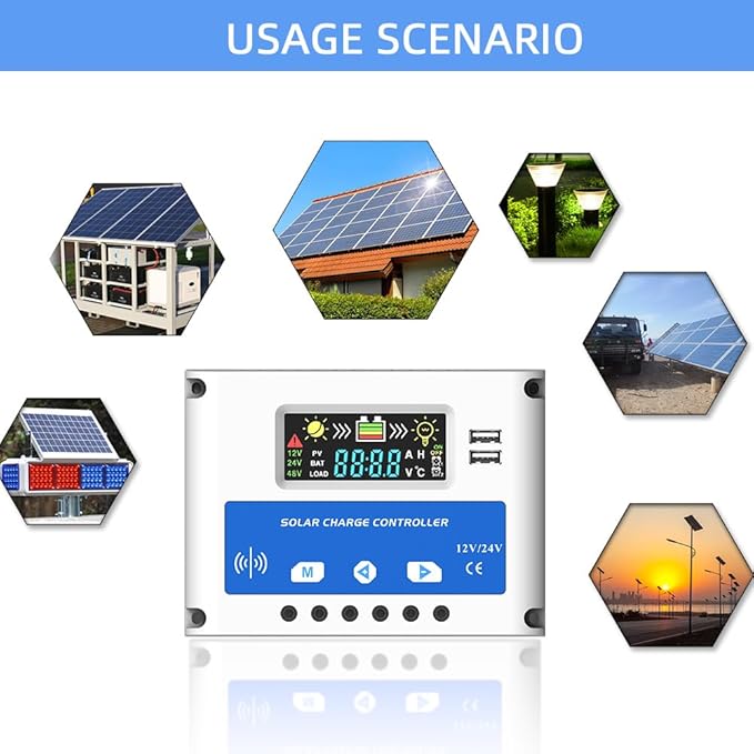 30A Solar Charge Controller 12V/24V, Solar Panel Charge Controller Intelligent Regulator with 5V Dual USB, LCD Display Adjustable Parameter with Radar Sensor System and Multiple Load Control Modes