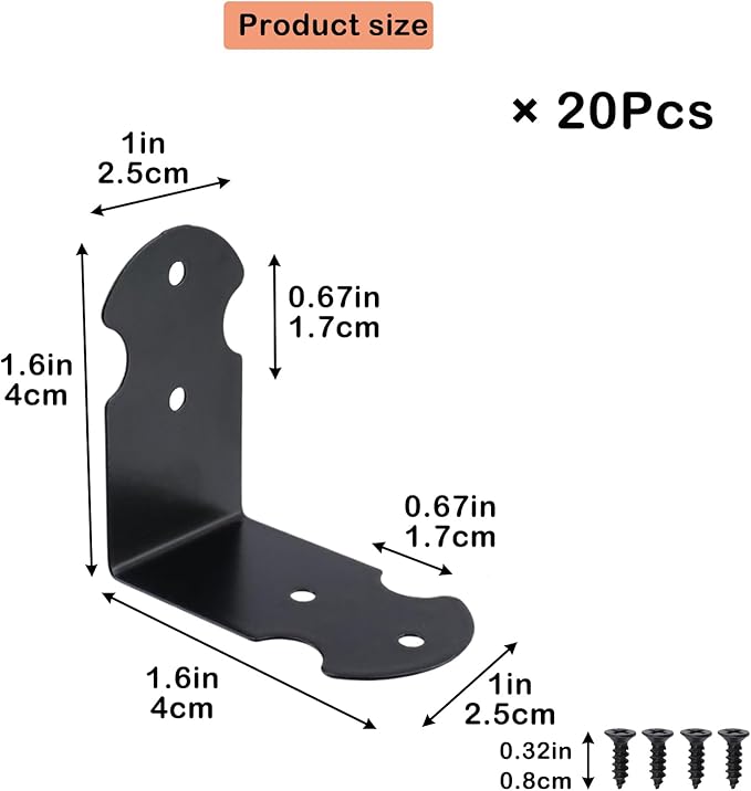 Geesatis 1.6" X 0.7" Set of 20 Right Angle Decorative Corner Protector Box Edge Cover Bracket, with Mounting Screws, Iron,Black