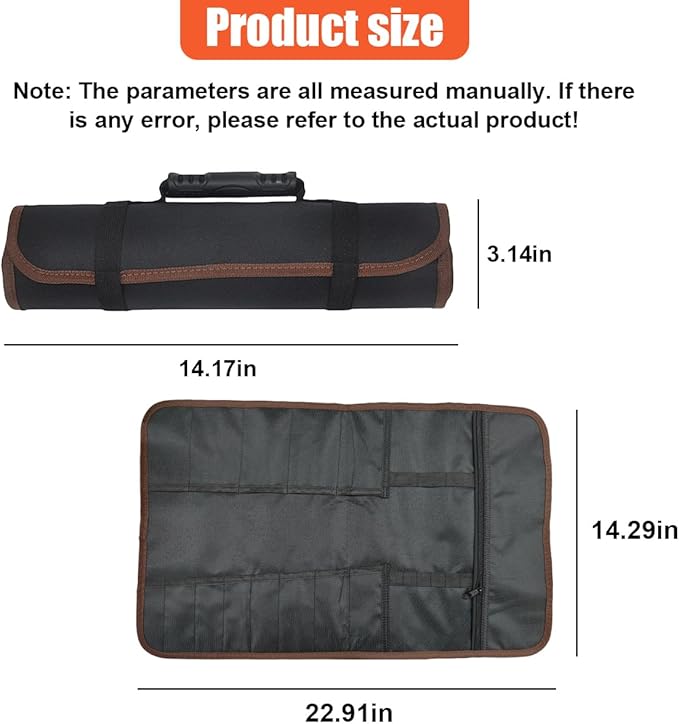 23 Pocket Car Tool Bag Roll Up Organizer - Portable Wrench Organizer & Tools Storage Bag with Zipper Pouch - Roll Up Tool Pouch with Easy-Grab Handle for Men Dad Boyfriend Mechanic (Black)