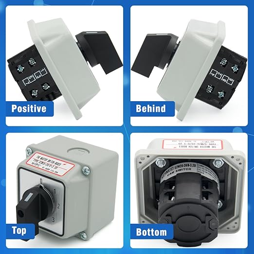 20A Black Rotary Changeover Switch with Box, 3-Way 1 NO 1 NC, 660V 8 Terminals, Universal Selector Switch with Fork Terminals, IP65 (4 Positions 2 Poles - Black
