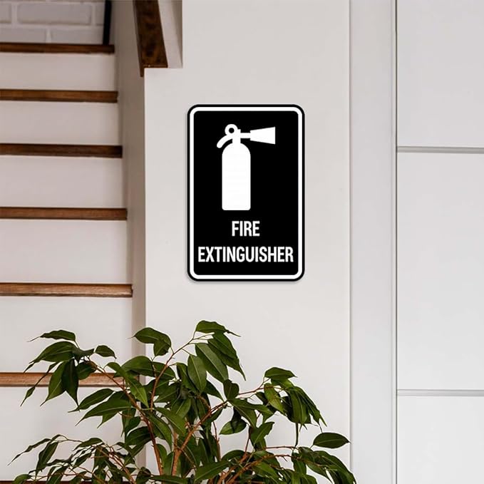 Signs ByLITA Portrait Round Fire Extinguisher Sign with Adhesive Tape, Mounts On Any Flat Surface (Black/Silver) - Medium