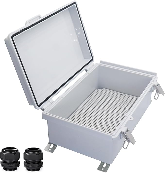 Waterproof Outdoor Electrical Junction Box Weatherproof IP67 ABS Plastic Enclosure Switch Router Project Box with Mounting Plate with Wall Bracket 2 Cable Glands Grey 10.23" x 6.3" x 3.94"