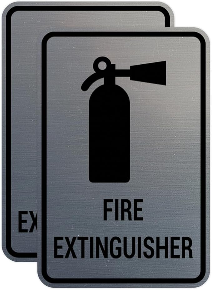 Signs ByLITA Portrait Round Fire Extinguisher Sign with Adhesive Tape, Mounts On Any Flat Surface (Brushed Silver) - Large (2 Pack)