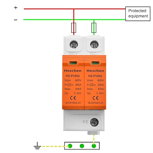 Heschen Surge Protective Device for PV, HS-PV600, 2P 600VDC 20KA, Fire-Proof, 35mm DIN Rail Mounting