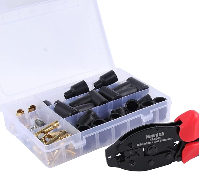 Ratchet Spark Plug Wire Crimper Set, Newdeli 25Pcs Spark Plug Crimping Tool and 180 Degree/90 Degree/Straight Spark Plug Coil Terminals Boots Set for Crimping and Stripping Spark Plug Ignition Wire