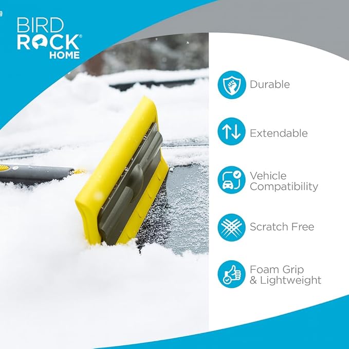 BIRDROCK HOME 55" Extendable Snow Brush & Ice Scraper for Car Windshield - Long Aluminum Grip for Truck, SUV - 14" Foam Head - Safe on Auto & Windows - Wide Frost Remover - Yellow