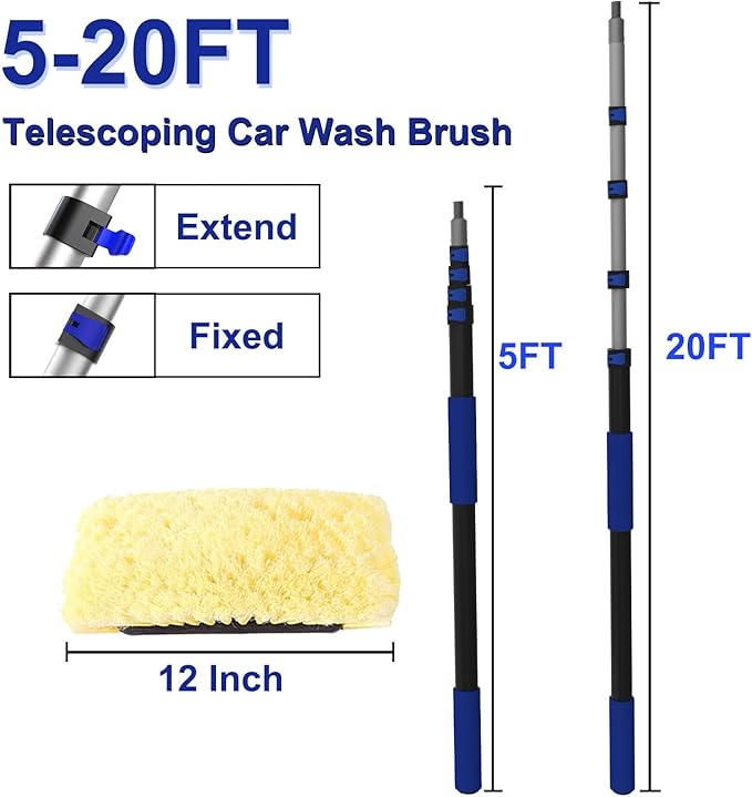 26Ft Reach Car Wash Brush with Long Handle, Car Cleaning Brush 12-Inch Soft Bristles, 5-20Foot Aluminium Telescoping Pole for Scratch-Free Cleaning RV, Car, Boats, Truck, Floors, Solar Panels
