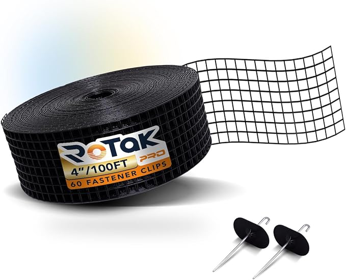 Rotak Critter Guard PRO - 4in x 100ft Solar Panel Bird Prevention Roll Kit with 60 Fastener Clips - Heavy Duty Galvanized Black PVC Coated ½ inch Wire Roll Mesh (4" PRO + 60 Clips)