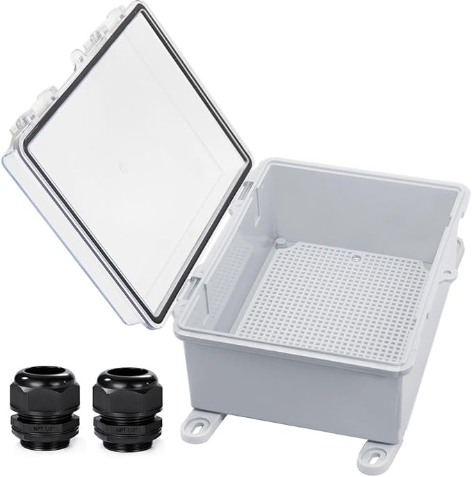 Waterproof Outdoor Electrical Box Junction Box Weatherproof IP67 ABS Plastic Enclosure Switch Router Project Box with Mounting Plate with Wall Bracket 2 Cable Glands Clear 8.7"x6.7"x4.3"