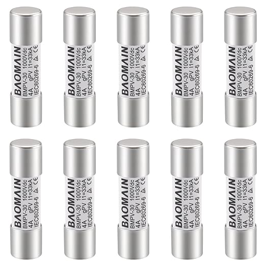 Baomain 10-Pack gPV Solar PV Fuse 4A 1000V DC, 10x38mm, 33kA Breaking Capacity, CE Listed for Photovoltaic Systems, Combiner Boxes (4 Amp.)