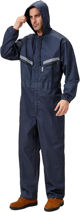 Mens Work Coveralls Mechanic Hooded Overall Workwear Jumpsuits Long Sleeve Hi Viz Coverall with Zippers