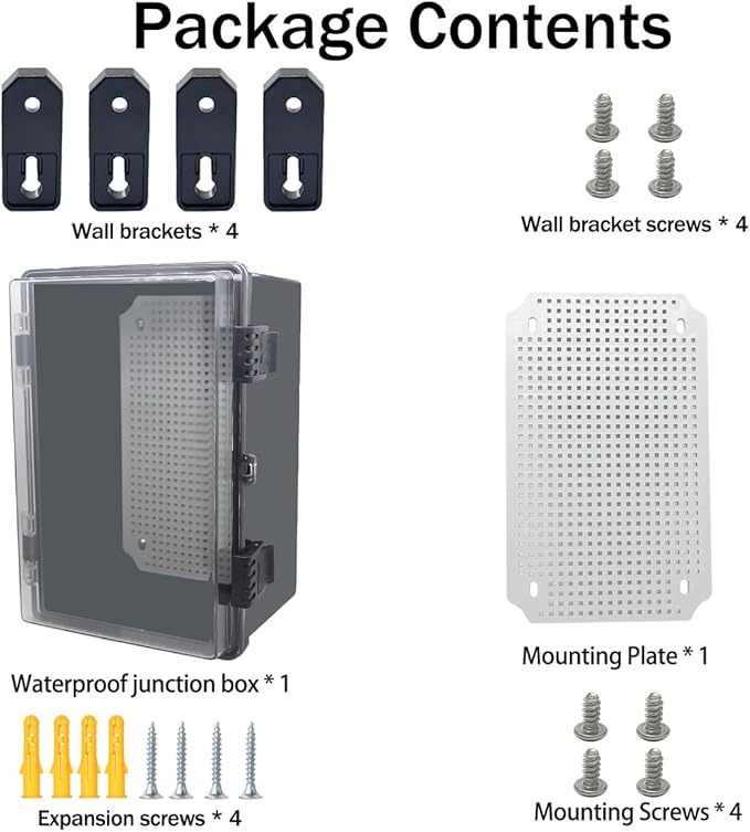 Junction Box, Hinged Black Clear Cover IP67 Waterproof ABS Project Box with Mounting Plate Electrical Box Enclosure with Wall Bracket 11.8 x 7.9 x 6.7inch(300x200x170mm)