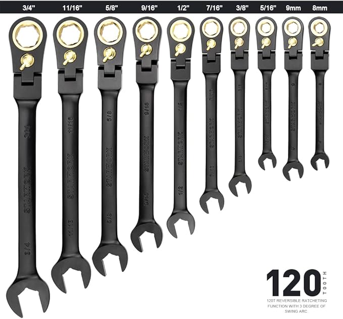 STARWORK TRUE MECHANIC™ 20 Pc. 120-Tooth Flex-Head Reversible Ratcheting Wrench Set, Combination Ratchet Wrench Set, Anti-Slip, Long Pattern, 6-Point, Professional, SAE/Metric
