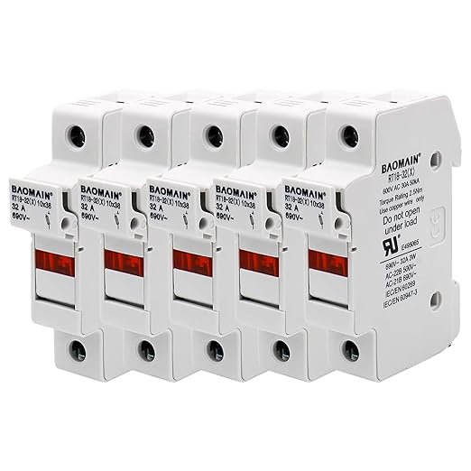 Baomain 5-Pack Cylindrical Fuse Holder RT18-32(X) 10 X 38mm Fuse Base Single Pole 35mm DIN Rail Mount 32A 690VAC with Indicator Light UR & CE Certified