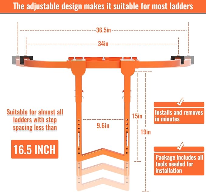 Ladder Stabilizer, Heavy Duty Steel Ladder Stabilizer with Wing Span/Wall Extension Accessory, Secure and Stable Ladder Standoff Arms for Roof Gutter with Anti-Slip Rubber Feet & Tool Tray