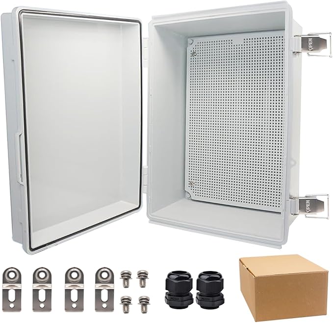 Waterproof Electrical Box,IP67 Junction Box Hinged Grey Cover ABS Project Boxes for Electronics DIY Enclosure with Mounting Plate Wall Bracket and 2 Cable Glands 13.8" x 9.8" x 5.9"