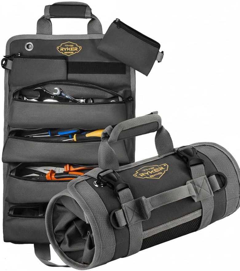 The Ryker Roll Up Tool Bag Organizer Gifts for Dad. Heavy Duty Motorcycle Tool Roll Bag Organizer. Portable Rollup Toolbag w/Detachable Pouches - Tools Bags Mens gifts for him/Mechanic (Black)