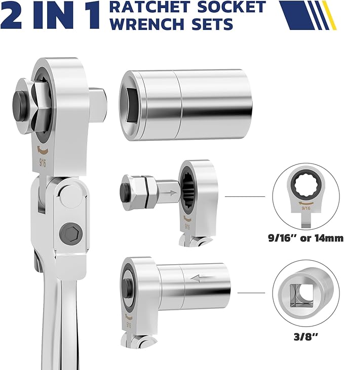 haisstronica 13pcs Flex-Head Ratcheting Combination Wrench Set with 3/8 in Adapter, SAE 1/4-3/4 inch Ratchet Wrench Tool for Auto, Tools for Men Gifts