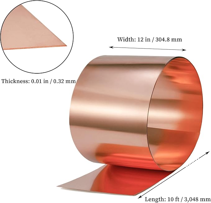 GOORY Copper Flashing 28 Gauge - 12in x 10ft 0.013"(0.32mm) Thickness Roof Flashing Roll - 99.95+% Pure Copper Sheet Metal ASTM B152 - Roofing Repair DIY Project Contractor Jewelry Crafts