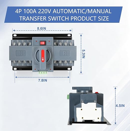 6-100amp AC220V Automatic/Manual Transfer Switch 4P 50/60Hz, 4POLE 100A ATS Auto Changeover Dual Power Switch for Generator,CE Certified ATS Solar Back Up Power Auto Selector Overvoltage, Undervoltage