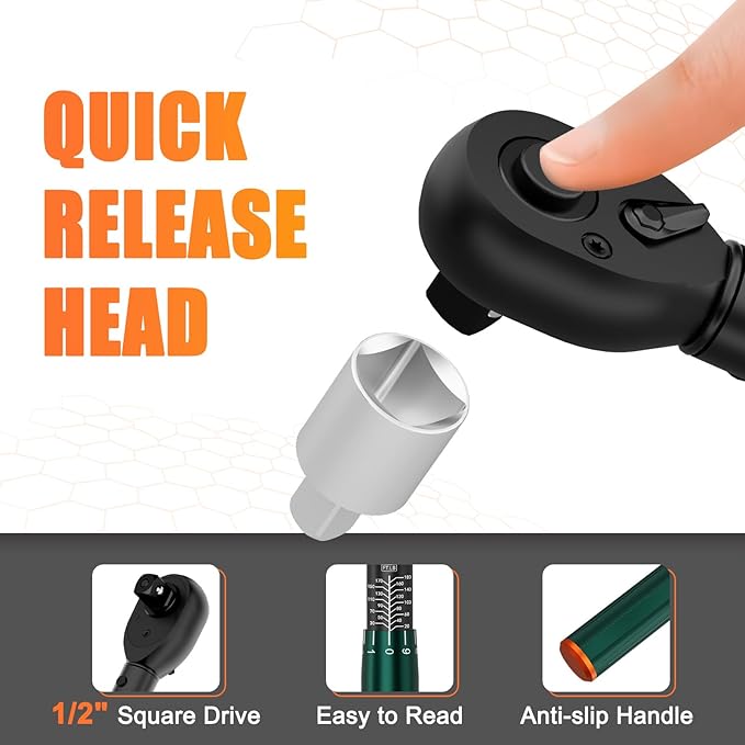 1/2 Click Torque Wrench, 20-180 Ft-lb, 72-Tooth Dual Direction Torque Wrench, ±3% Precision for Car, Truck, SUV, and Wheel Lug Nuts Maintenance