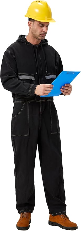 Mens Denim Work Coveralls with Hood Heavy Duty Work Jumpsuit Loose Fit Coverall Hi Viz Mechanic Jeans Overalls
