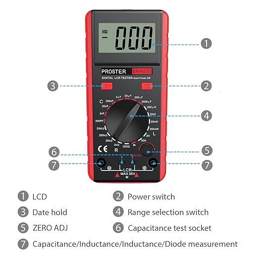 Proster LCR Meter - Capacitance Inductance Resistance Tester Multimeter Self-Discharge with Overrange Display
