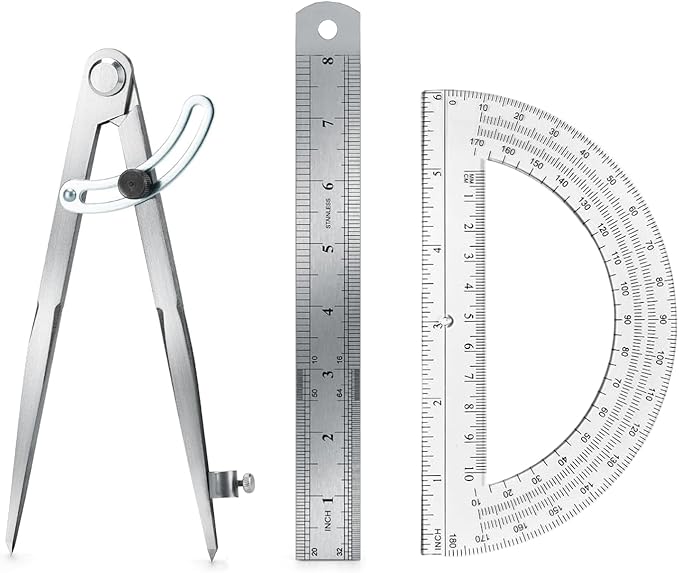 Compass Geometry Tool, Drawing Compass, Professional 8 Inch Large Compass with Wing for Woodworking, 6 Inch Protractor, 8 Inch Ruler for Carpenter, Drafting