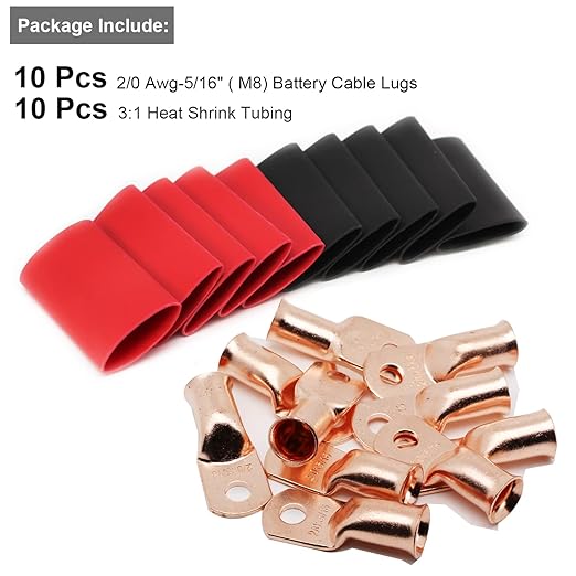 TKDMR 10pcs 2/0 AWG-5/16 Battery Lugs,Heavy Duty Wire Lugs,Ring Terminals,Battery Cable Ends,0 Guage terminals,Battery Terminal Connectors with 10pcs 3:1 Heat Shrink Tubing
