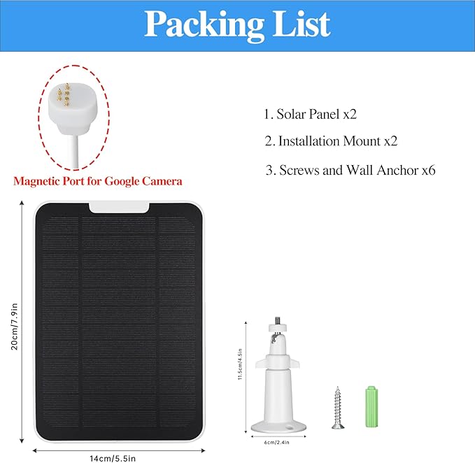 6w Premium Solar Panel Charger Compatible with Google Nest Cam Outdoor or Indoor (Battery Version), with 13.1Ft/4m Fast Charging Cable, IP65 Weatherproof and Adjustable Mount (2 Pack)