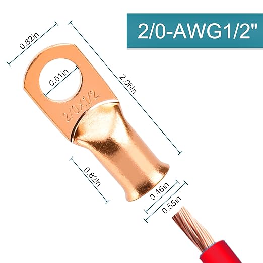 4 PCS Battery Terminal Connectors, Battery Cable Ends Lugs, 2/0 Gauge Wire Connectors, 2/0 AWG 1/2" Stud Ring Terminals, Copper Wire Lugs with Heat Shrink Tubing.