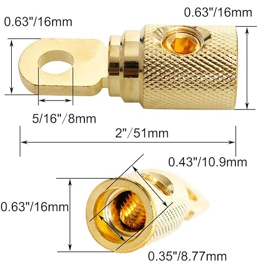 Car Audio Battery Terminal Connector Pure Brass Gold-Plated 4 Gauge Car Audio Amp Input Reducers for 4-6 Gauge Wire 2Pcs