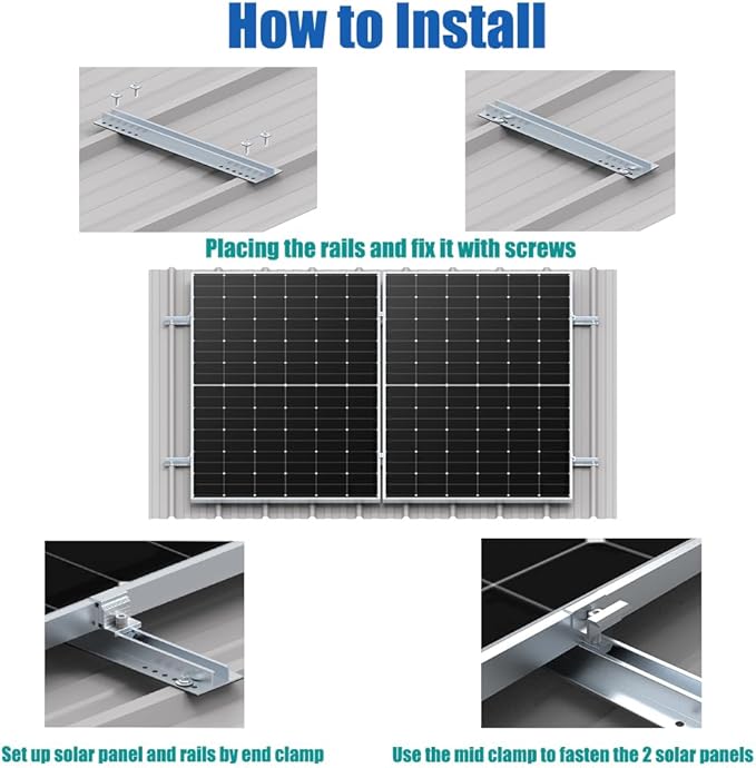 Solar Panel Mounting Brackets Rails Kit Aluminium Solar Panel Brackets for Metal Roof, Tin Roof, Flat Roof, Sheet Roof, RV, Silver (1-2 Solar Panels )
