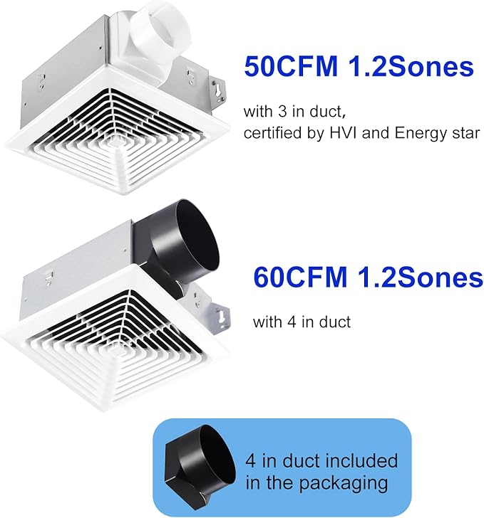 Bathroom Exhaust Fan 50 CFM,1.2 Sone, 3&4-Inch Duct Included, No Attic Access Needed, Energy Star, Easy to Install,Ceiling or Wall Mounted, Classic White Grille