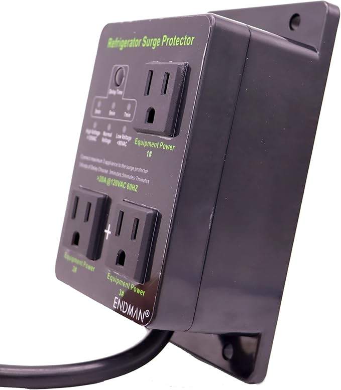 Refrigerator Surge Protector Three Outlet Voltage Protector for Home Appliances with Time Delay, Protects Against Brownout, Spike, Instant Surge All Voltage Abnormalities