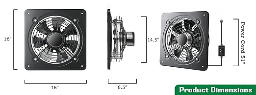 16 Inch Window Exhaust Wall Mounted Ventilation Basement Extractor Industrial Fan 720 CFM High-Speed1460 RPM Industrial Fan for Home Garage Office Commercial Use (16 Inch+Speed Control)