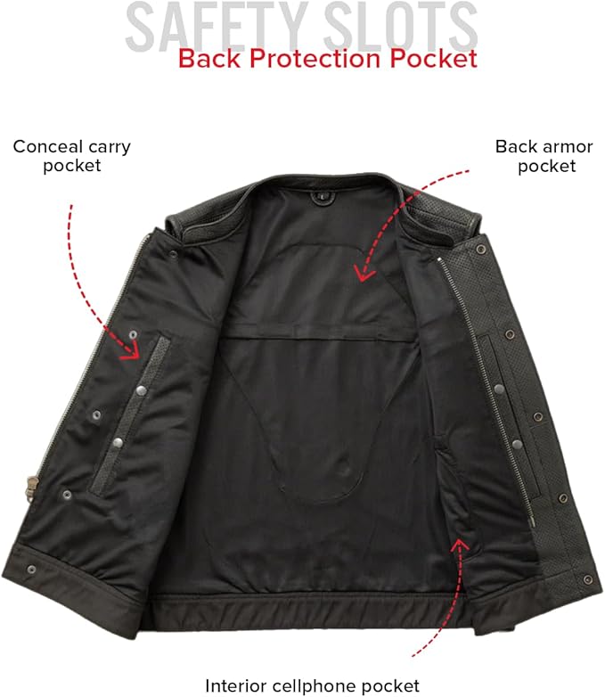 First Mfg Co - Lowside - Mens Motorcycle Biker Riding Canvas, Leather, Twill, Perforated Leather Vest
