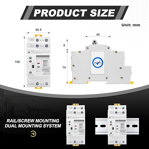 63Amp 110V AC Mini ATS Automatic/Manual Transfer Switch, 2Pole G2R Solar Auto Dual Power Changeover Switch for Home, Din Rail Mounted 50/60Hz CE Certified for Rv, Lv, Cn Public/Backup Power