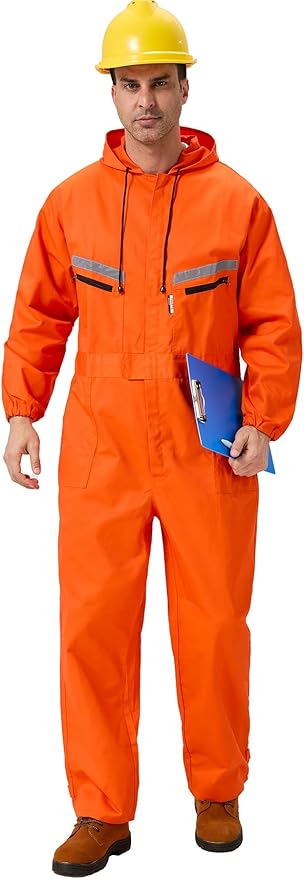 Mens Work Coveralls Mechanic Hooded Overall Workwear Jumpsuits Long Sleeve Hi Viz Coverall with Zippers