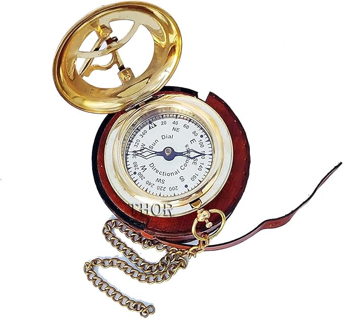 Beautiful Brass Sundial Compass with Brown Leather Case & Chain | Push Open Compass | Camping | Hiking Steampunk | Accessory Brass Finish | Sundial Clock Anniversary | Valentine’s Handmade Gift