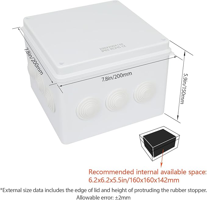 LeMotech Junction Box, ABS Plastic IP65 Waterproof and Dustproof, Universal Electrical Enclosure, Outdoor and Indoor Project Box 7.8X 7.8X 5.9 inch (200 x 200 x 150 mm)