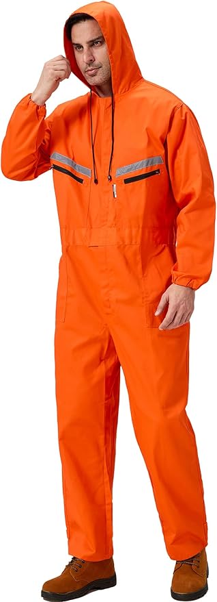 Mens Work Coveralls Mechanic Hooded Overall Workwear Jumpsuits Long Sleeve Hi Viz Coverall with Zippers